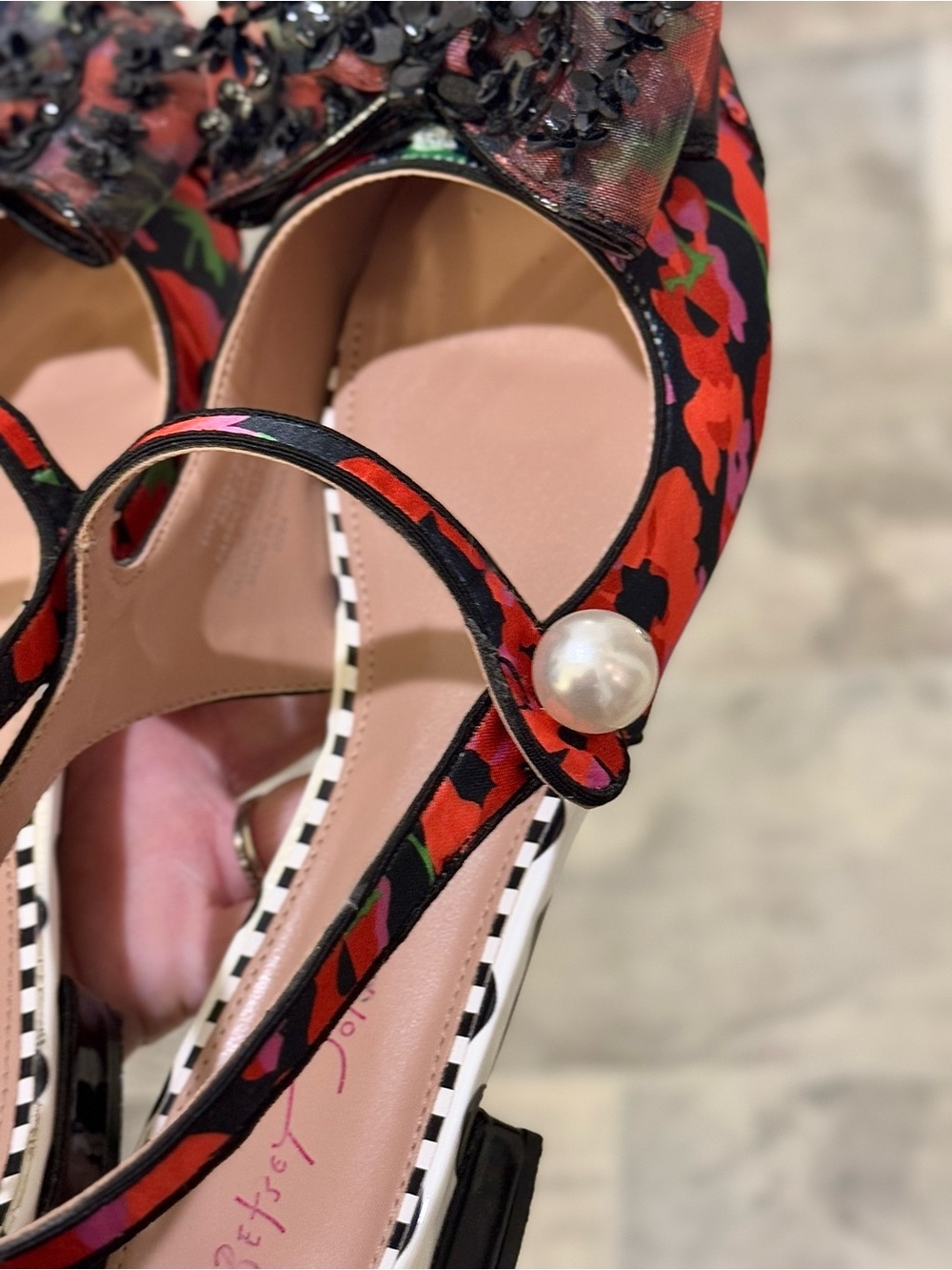 Betsey Johnson Livy Black Poppy - Floral Mary Jane’s with Bow & Pearl - Picture 5 of 13
